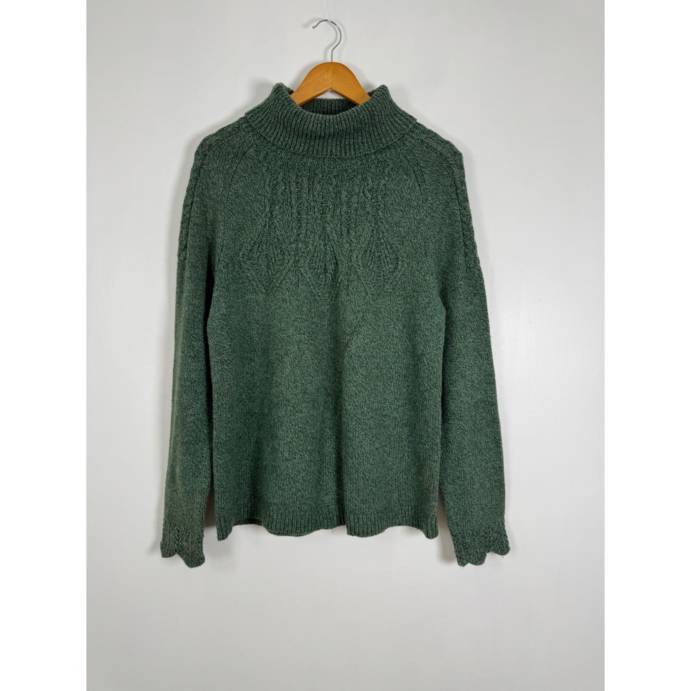 Cottagecore Sundance Women L Sweater Green Silk Blend Cable Knit Mock Neck